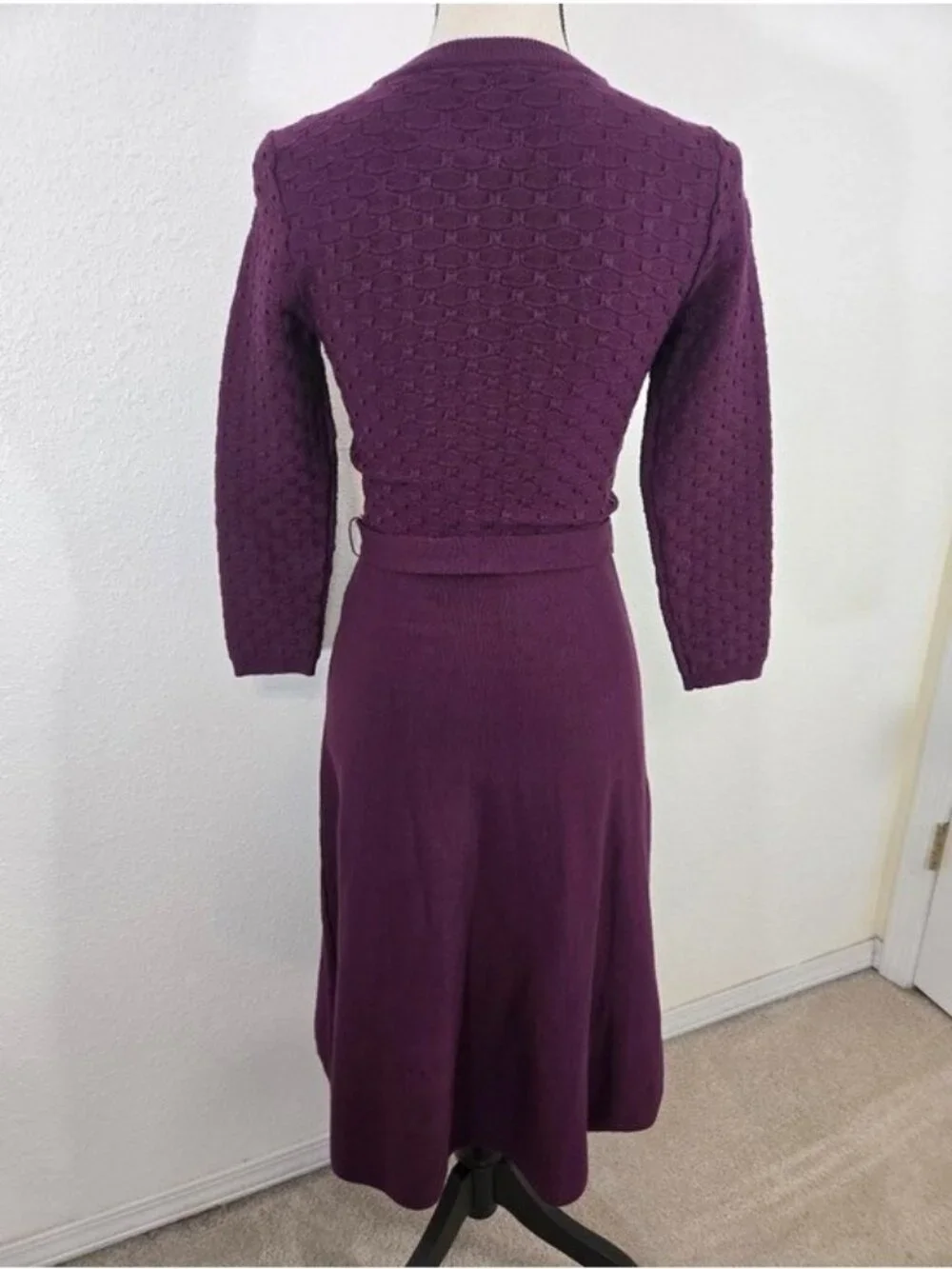 Eliza J Purple 3/4 Sleeves Crewneck Tie Waist Fit & Flare Sweater Dress, size XS